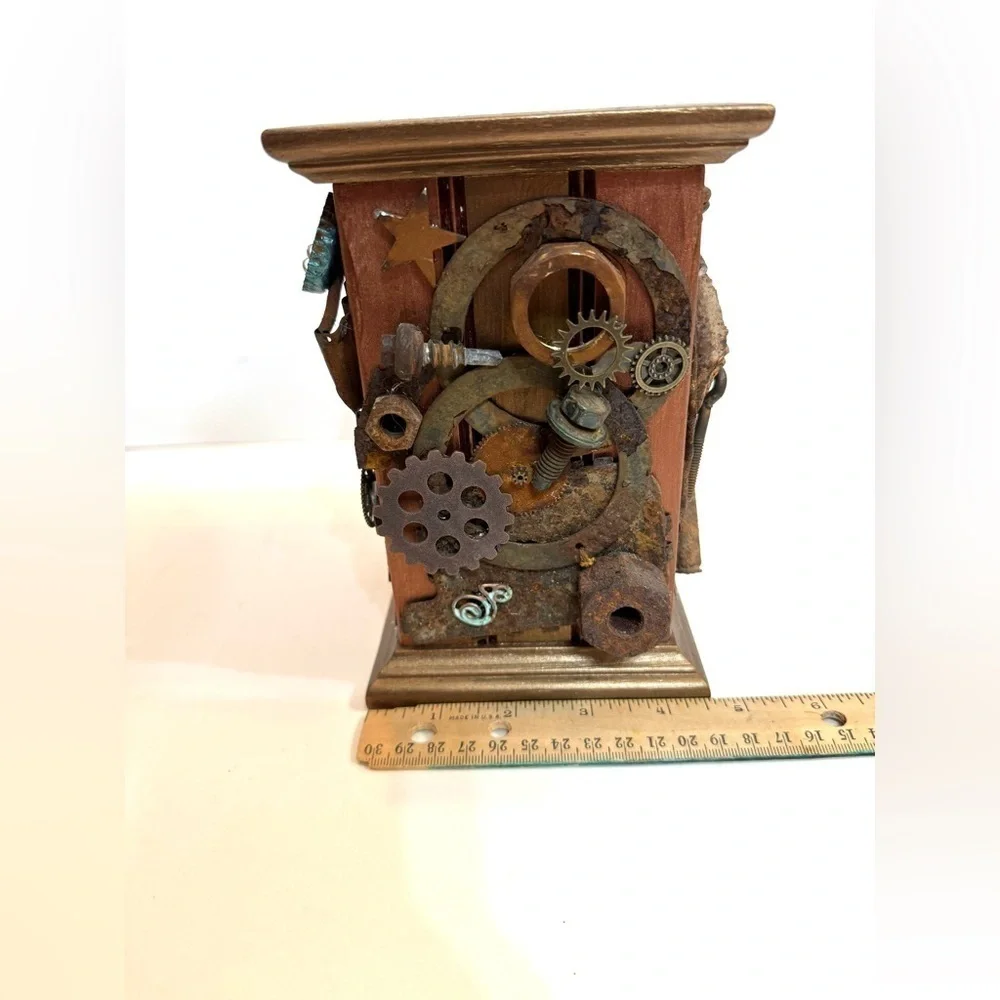 Steampunk Knickknack Pencil Holder Trinket Holder Eclectic Design Wood and Metal